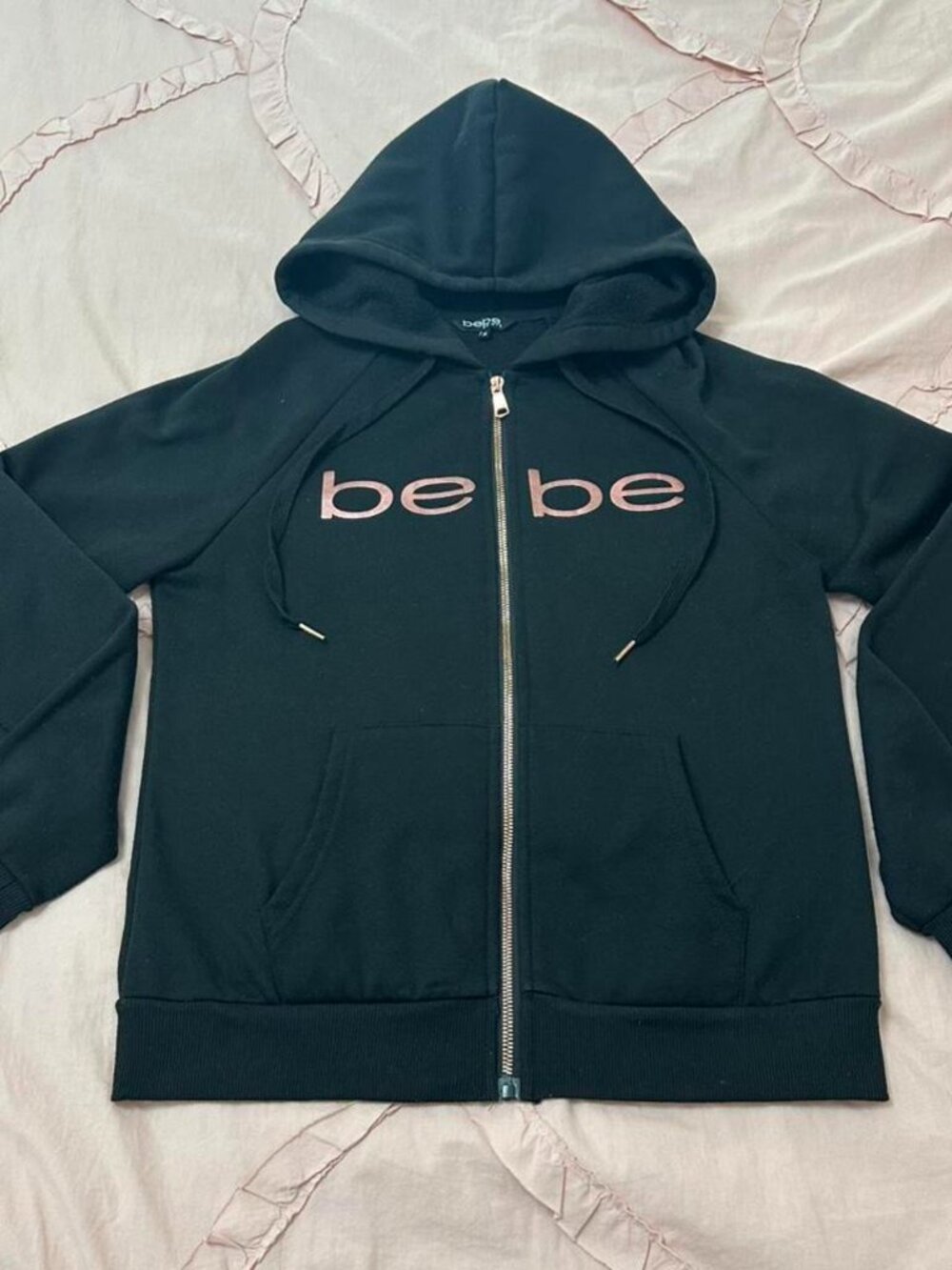 Bebe black zip up hoodie with rose gold zipper and metallic rose gold logo.
